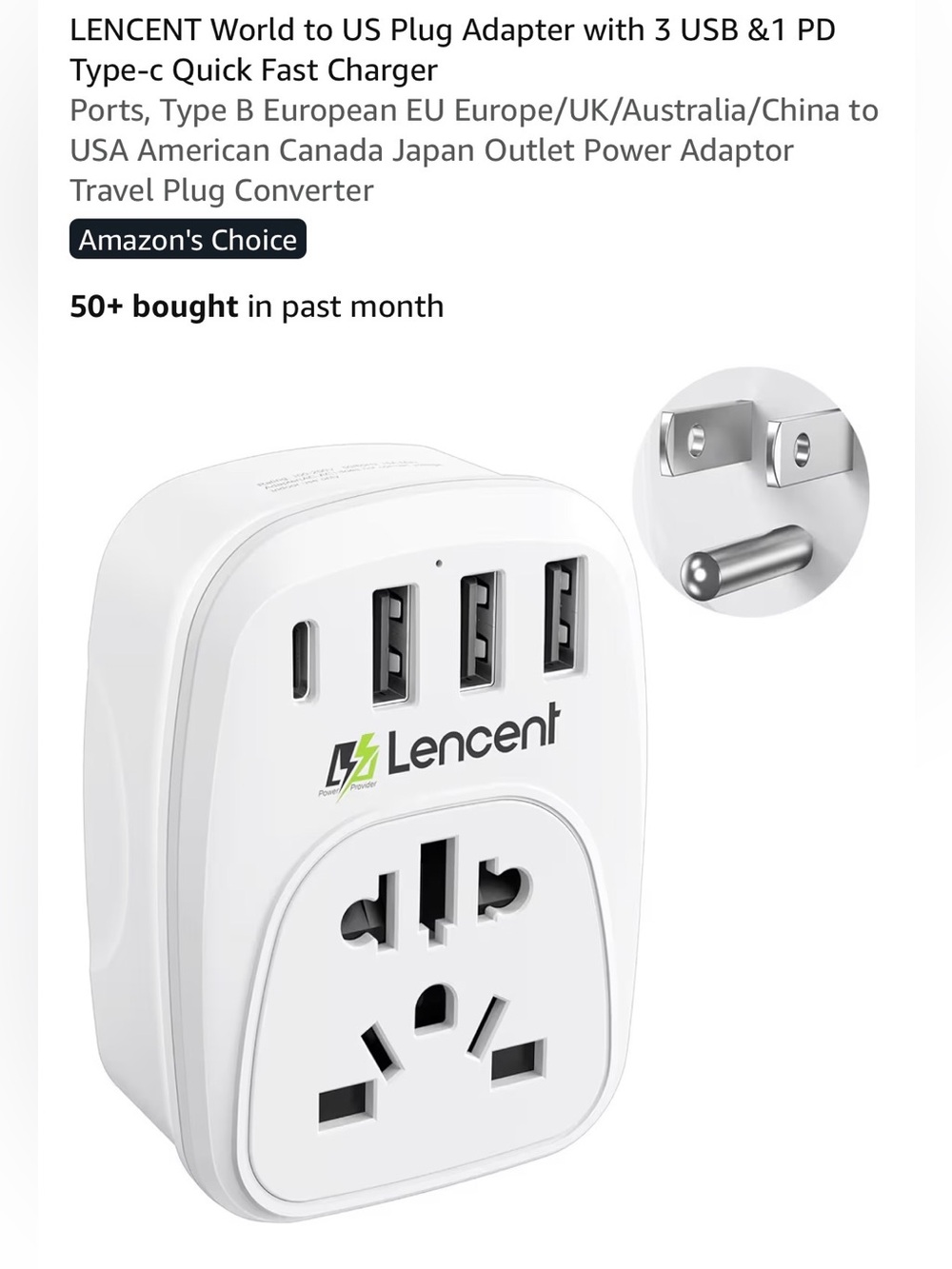 Lencent World to US Travel Plug Adapter with 3 USB + 1 PD Type-C Fast Charge